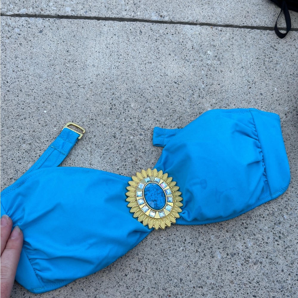Blue Bikini Top with Gold Sunburst Accent